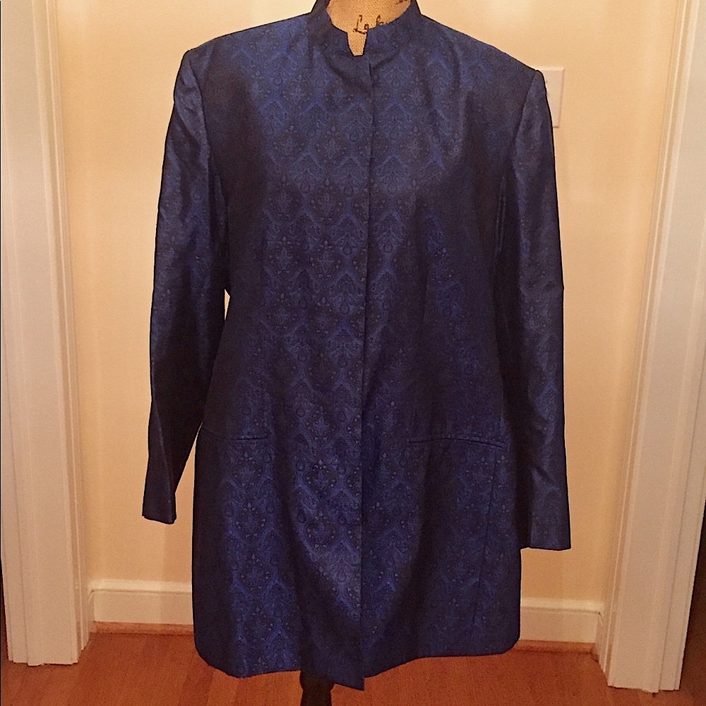 Vintage custom made silk brocade jacket in cobalt blue and black